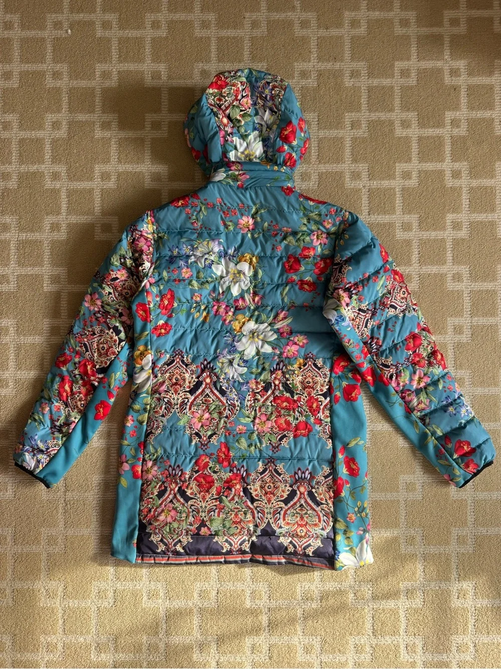 Johnny Was Santa Fe Reversible Down Puffer Parka Teal Multicolor Floral Large